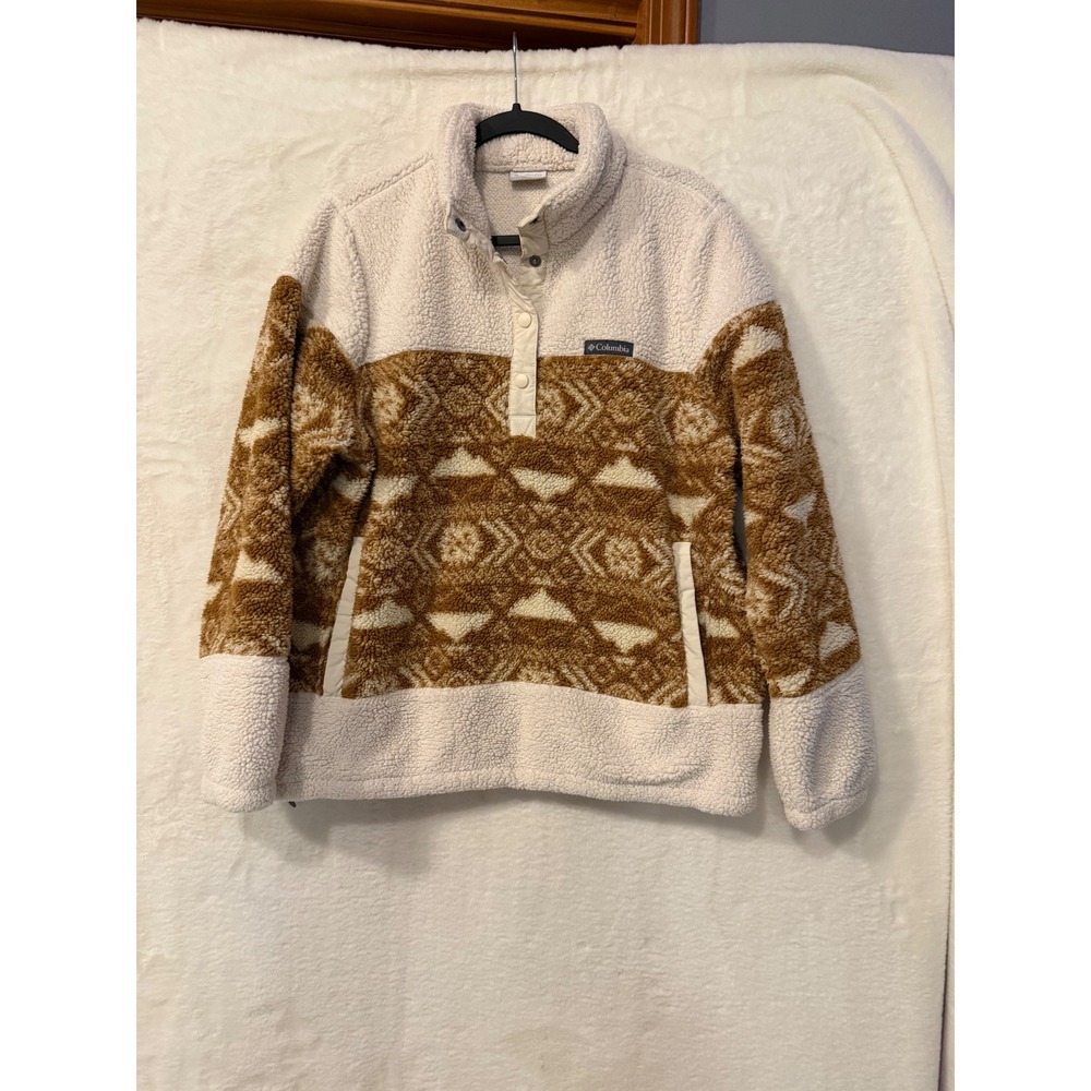 Columbia Sherpa Fleece Pullover Womens XL Southwestern Aztec Snap Neck Brown